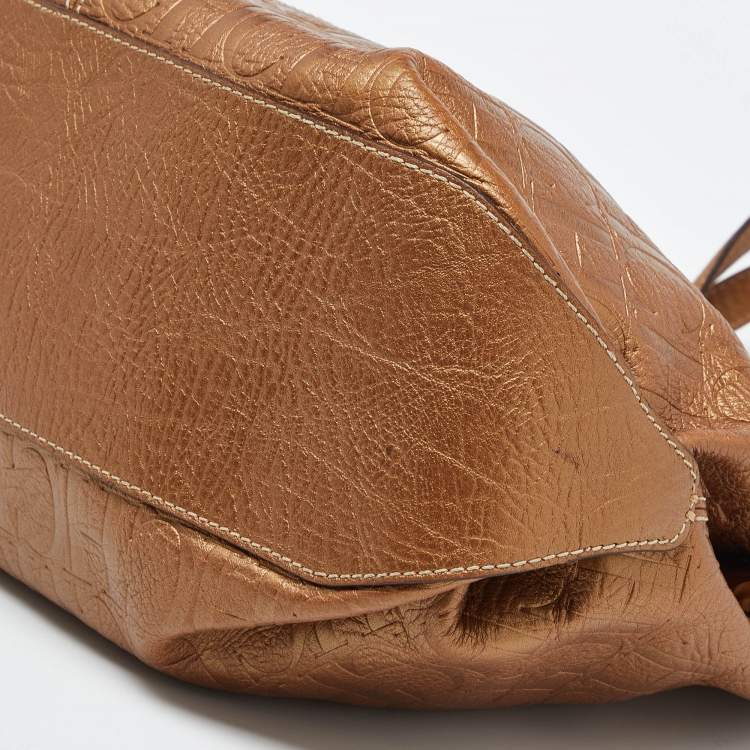Pre Owned Carolina Herrera Bronze Monogram Embossed Leather Scarf Tote 