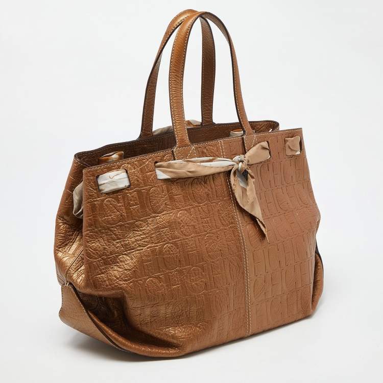 Pre Owned Carolina Herrera Bronze Monogram Embossed Leather Scarf Tote 