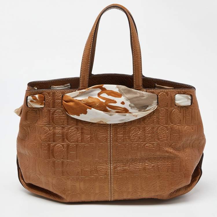 Pre Owned Carolina Herrera Bronze Monogram Embossed Leather Scarf Tote 