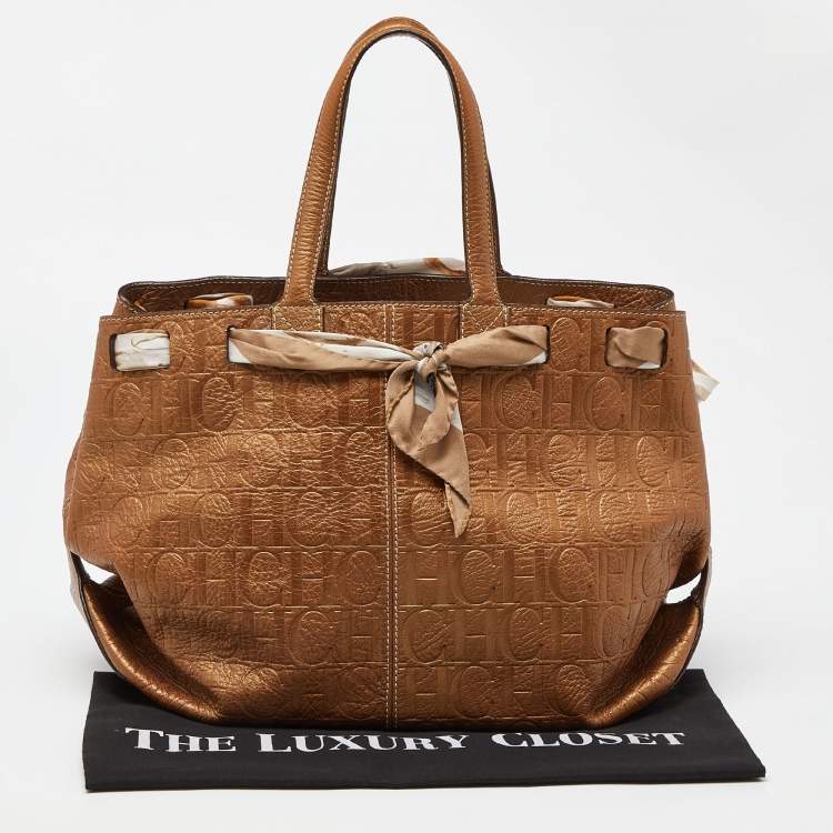 Pre Owned Carolina Herrera Bronze Monogram Embossed Leather Scarf Tote 