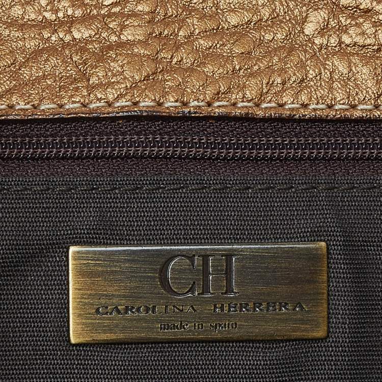Pre Owned Carolina Herrera Bronze Monogram Embossed Leather Scarf Tote 