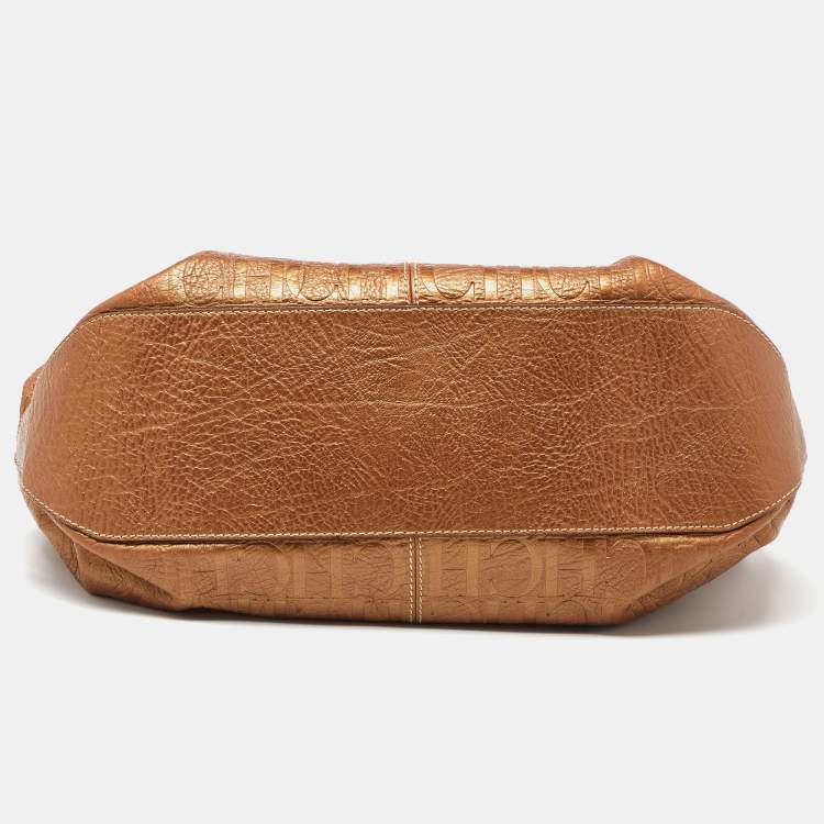 Pre Owned Carolina Herrera Bronze Monogram Embossed Leather Scarf Tote 