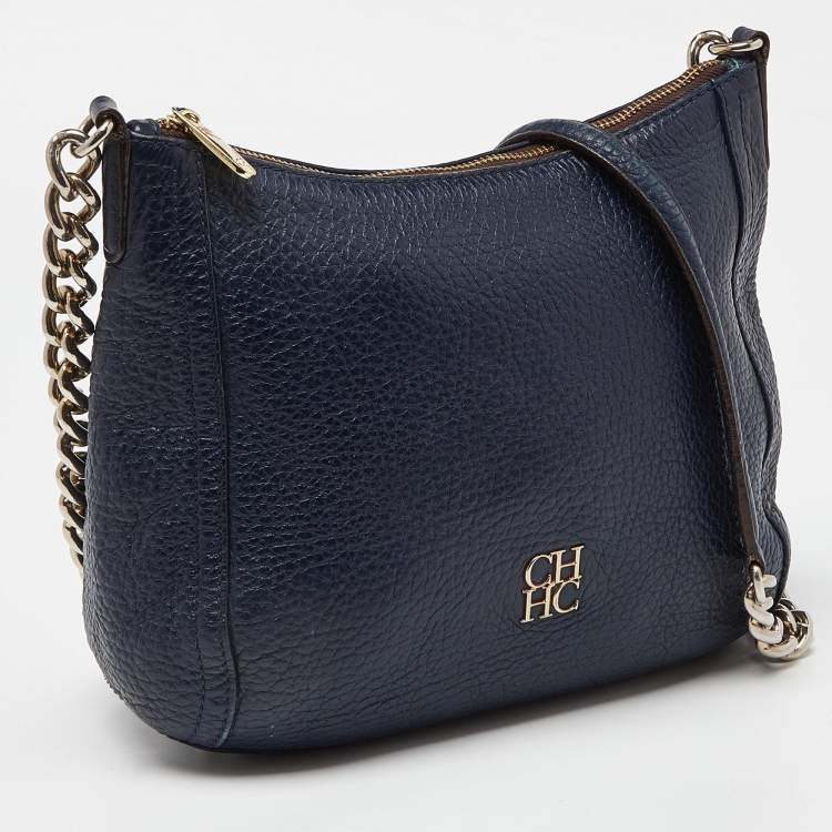Pre Owned Carolina Herrera Navy Blue Leather Chain Shoulder Bag