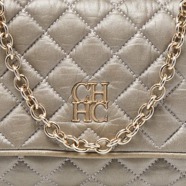 Pre Owned Carolina Herrera Grey Quilted Leather Chain Crossbody Bag