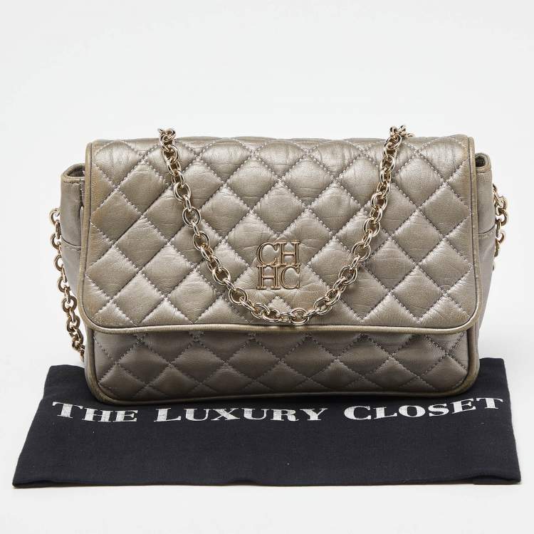 Pre Owned Carolina Herrera Grey Quilted Leather Chain Crossbody Bag