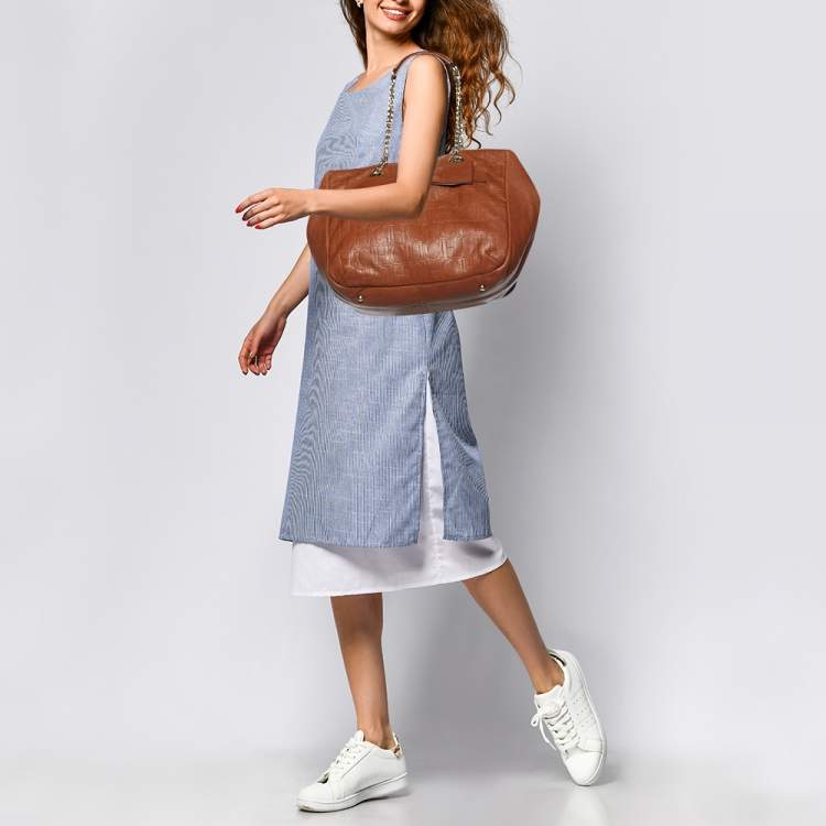 Pre Owned Carolina Herrera Brown Monogram Embossed Leather Audrey Shoulder Bag