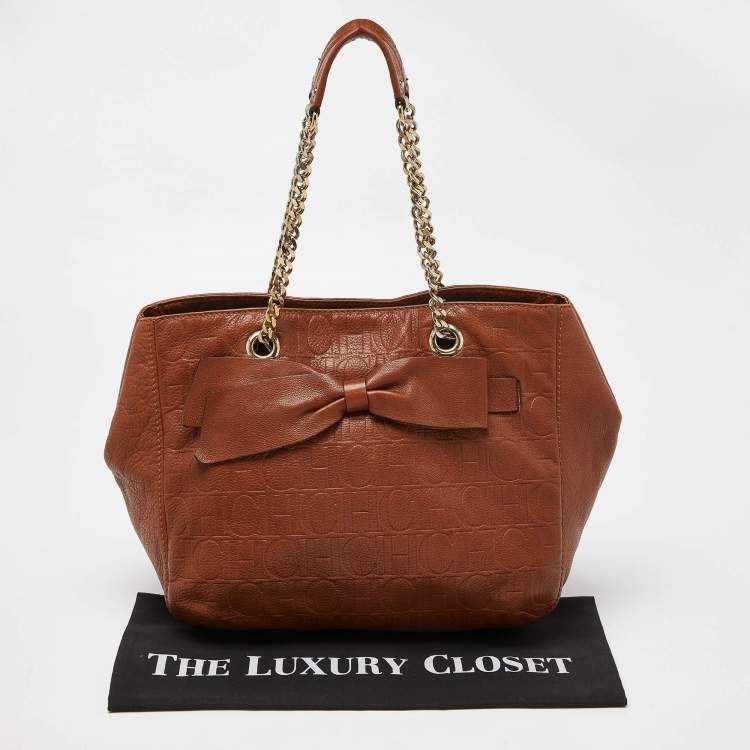 Pre Owned Carolina Herrera Brown Monogram Embossed Leather Audrey Shoulder Bag