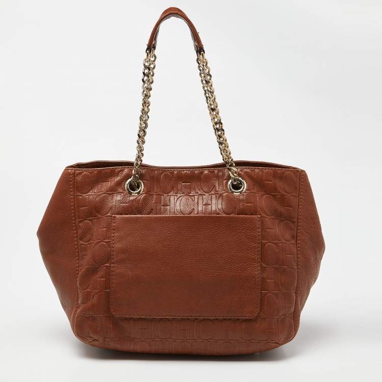 Pre Owned Carolina Herrera Brown Monogram Embossed Leather Audrey Shoulder Bag