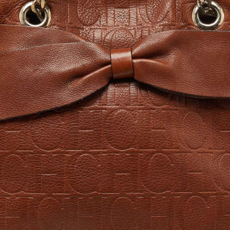 Pre Owned Carolina Herrera Brown Monogram Embossed Leather Audrey Shoulder Bag