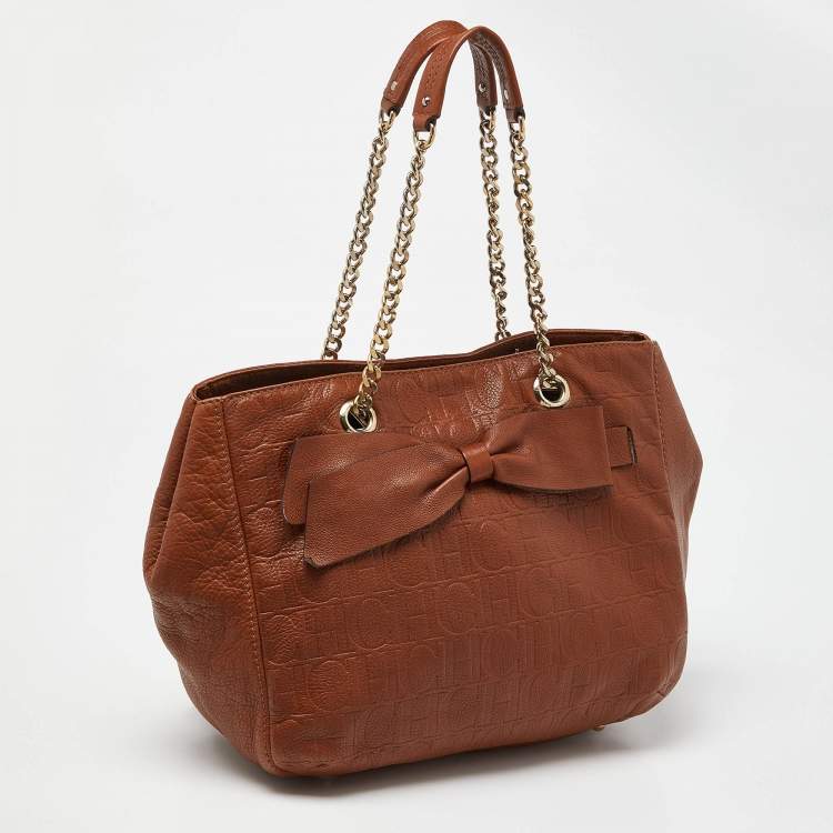 Pre Owned Carolina Herrera Brown Monogram Embossed Leather Audrey Shoulder Bag