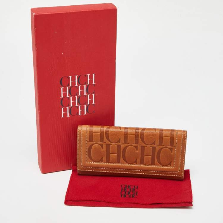 Pre Owned Carolina Herrera Brown Monogram Embossed Leather Trifold Continental Wallet