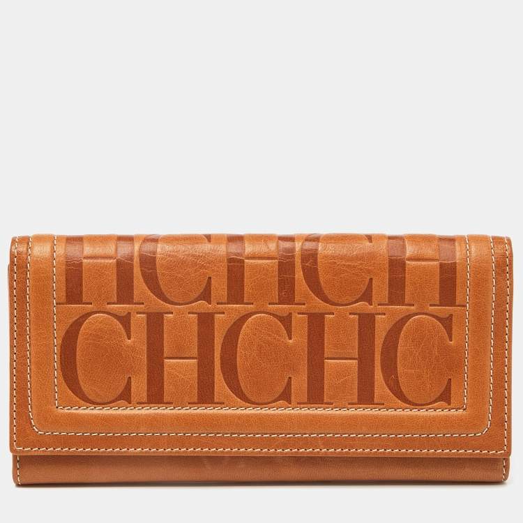 Pre Owned Carolina Herrera Brown Monogram Embossed Leather Trifold Continental Wallet