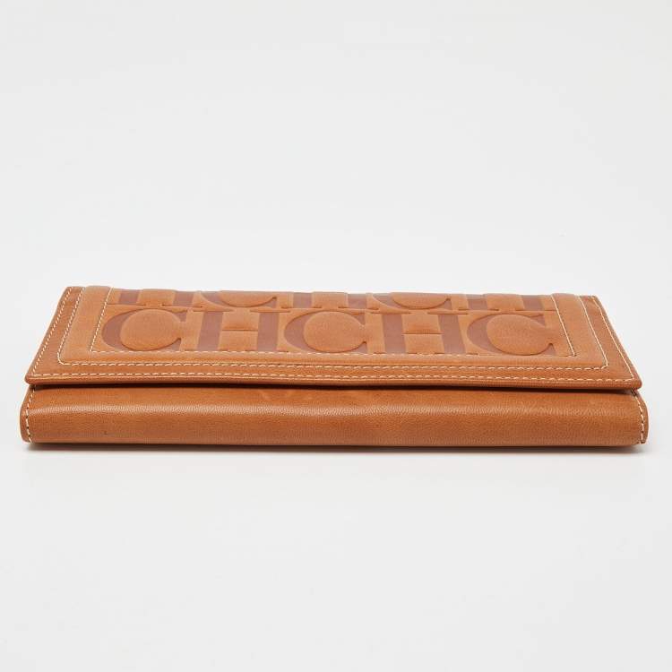 Pre Owned Carolina Herrera Brown Monogram Embossed Leather Trifold Continental Wallet