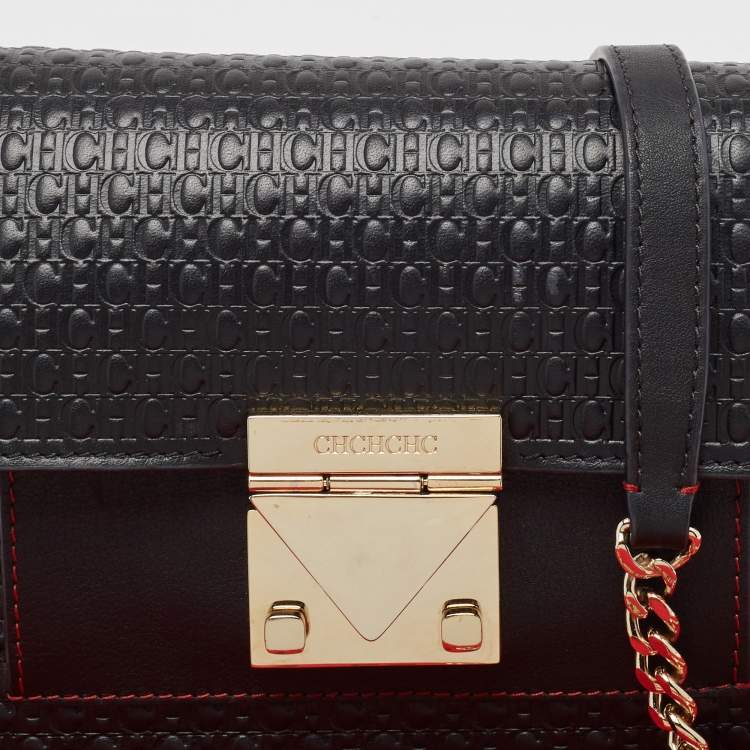 Pre Owned Carolina Herrera Black Monogram Embossed Leather Carry on Shoulder Bag