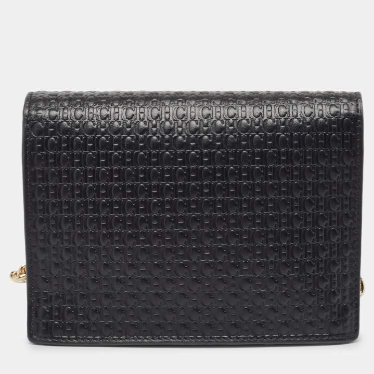 Pre Owned Carolina Herrera Black Monogram Embossed Leather Carry on Shoulder Bag
