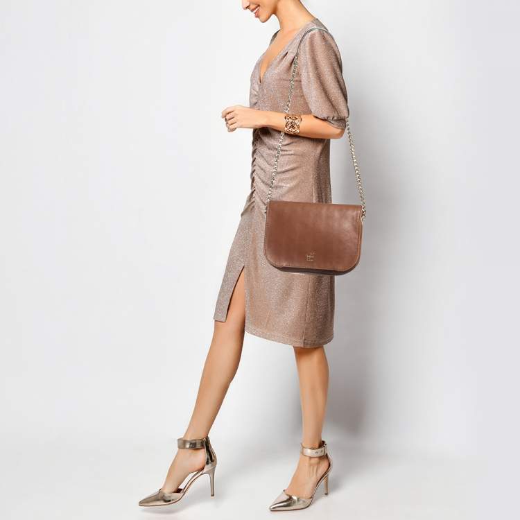 Pre Owned Carolina Herrera Brown Leather New Baltazar Flap Shoulder Bag