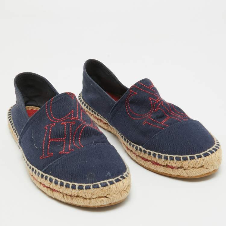 Pre Owned Carolina Herrera Navy Blue Canvas Espadrille Slip On Loafers Size 40