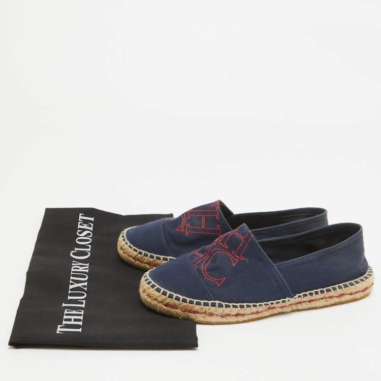 Pre Owned Carolina Herrera Navy Blue Canvas Espadrille Slip On Loafers Size 40