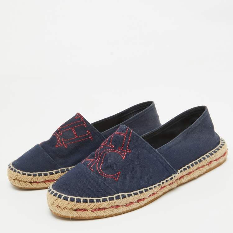 Pre Owned Carolina Herrera Navy Blue Canvas Espadrille Slip On Loafers Size 40