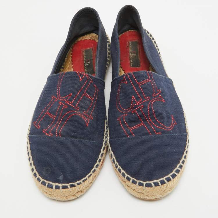 Pre Owned Carolina Herrera Navy Blue Canvas Espadrille Slip On Loafers Size 40