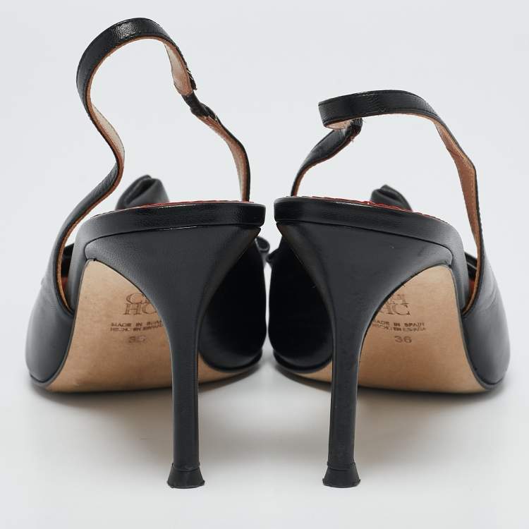 Pre Owned Carolina Herrera Black Leather Bow Slingback Pumps Size 36