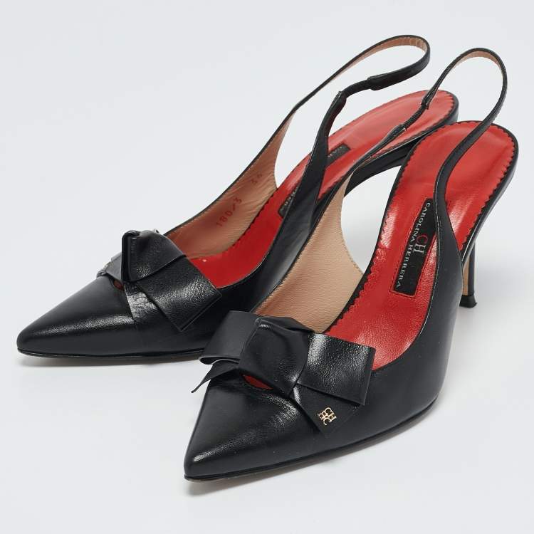 Pre Owned Carolina Herrera Black Leather Bow Slingback Pumps Size 36