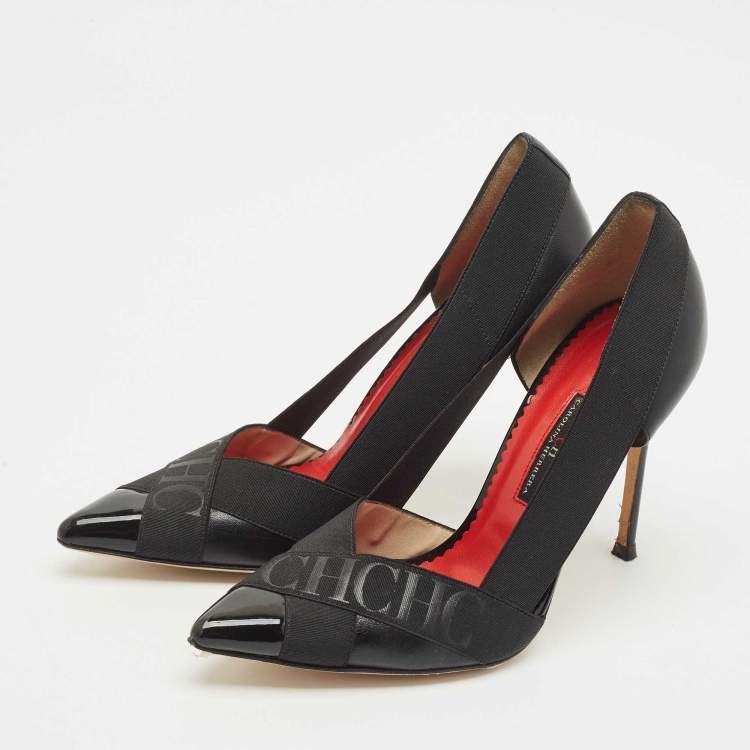 Pre Owned Carolina Herrera Black Leather and Stretch Band Logo Pumps Size 38