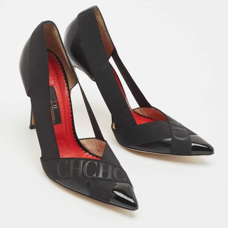 Pre Owned Carolina Herrera Black Leather and Stretch Band Logo Pumps Size 38