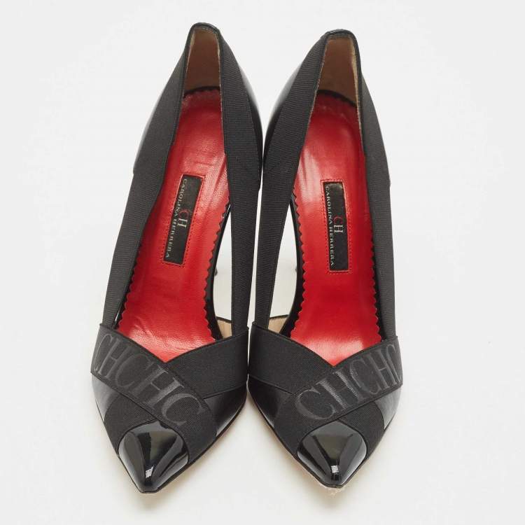 Pre Owned Carolina Herrera Black Leather and Stretch Band Logo Pumps Size 38