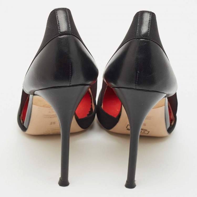 Pre Owned Carolina Herrera Black Leather and Stretch Band Logo Pumps Size 38