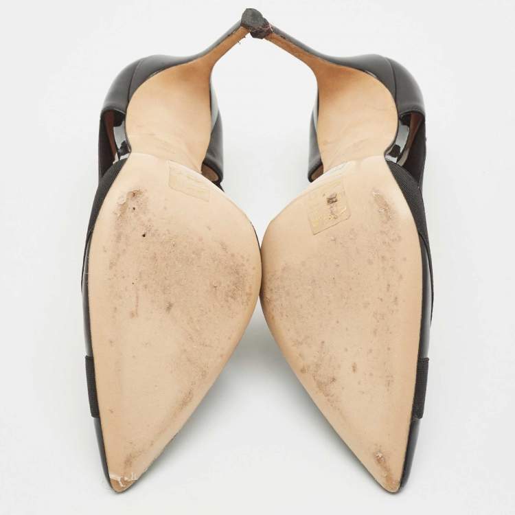 Pre Owned Carolina Herrera Black Leather and Stretch Band Logo Pumps Size 38