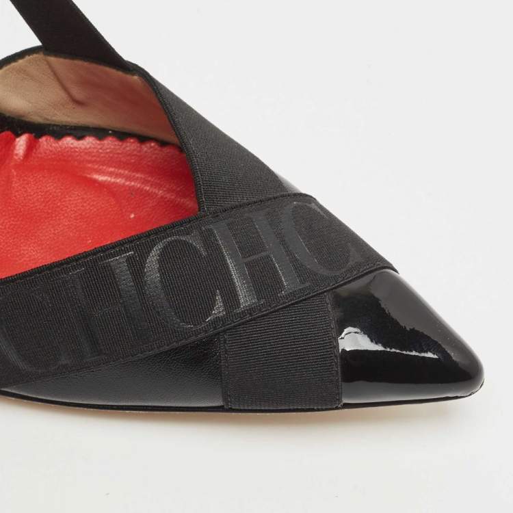 Pre Owned Carolina Herrera Black Leather and Stretch Band Logo Pumps Size 38