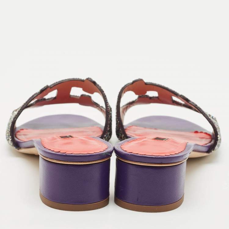 Pre Owned Carolina Herrera Purple Glitter and Leather Slide Sandals Size 38
