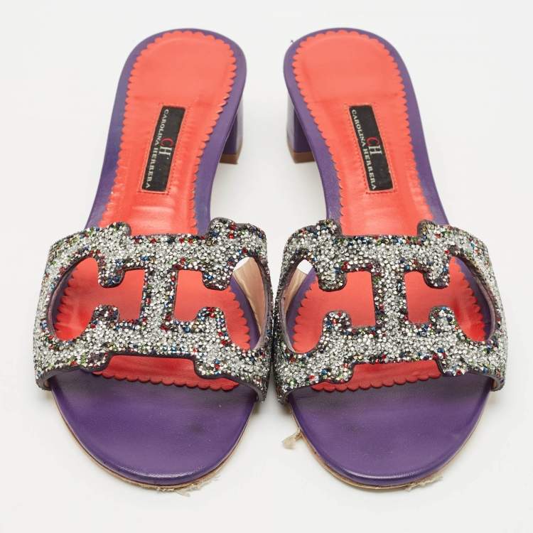 Pre Owned Carolina Herrera Purple Glitter and Leather Slide Sandals Size 38