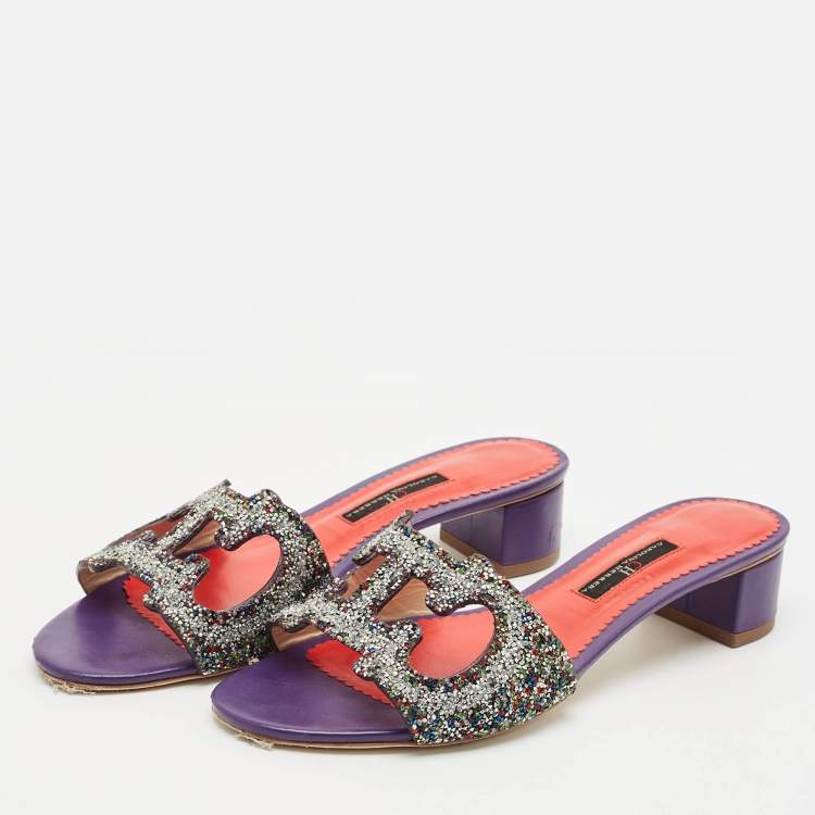 Pre Owned Carolina Herrera Purple Glitter and Leather Slide Sandals Size 38