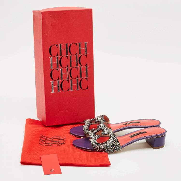 Pre Owned Carolina Herrera Purple Glitter and Leather Slide Sandals Size 38