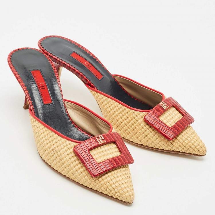 Pre Owned Carolina Herrera Red/Cream Lizard Embossed Leather and Raffia Heel Mules Size 36