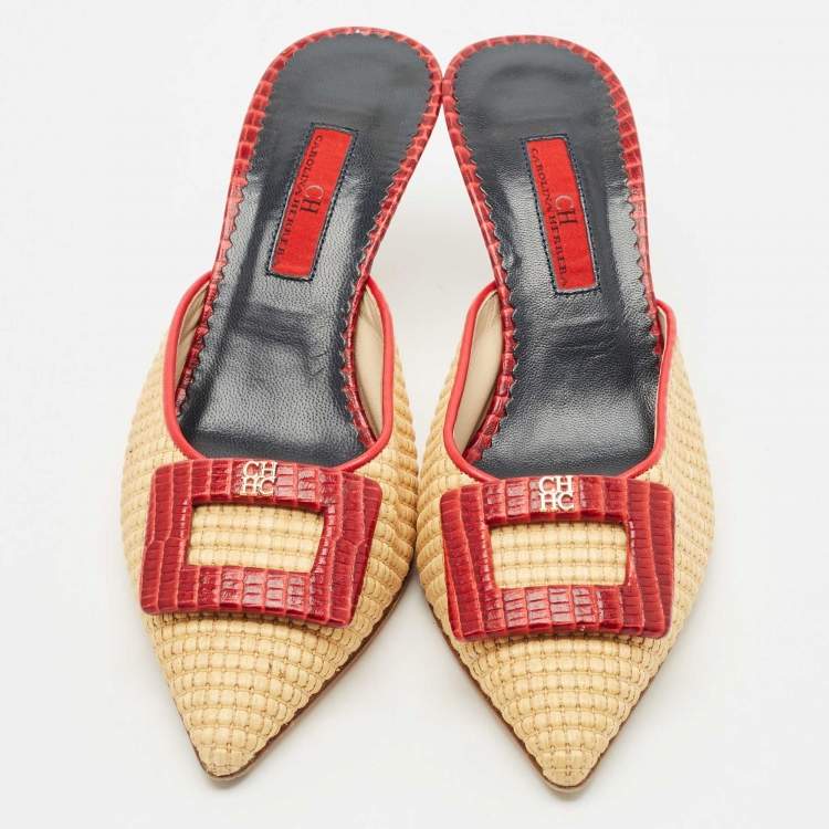Pre Owned Carolina Herrera Red/Cream Lizard Embossed Leather and Raffia Heel Mules Size 36