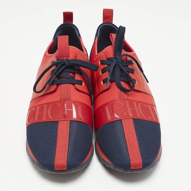 Pre Owned Carolina Herrera Red/Blue Leather and Suede Low Top Sneakers Size 38