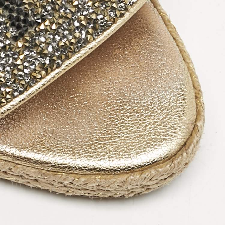 Pre Owned Carolina Herrera Gold Glitter and Leather Logo Wedge Sandals Size 37