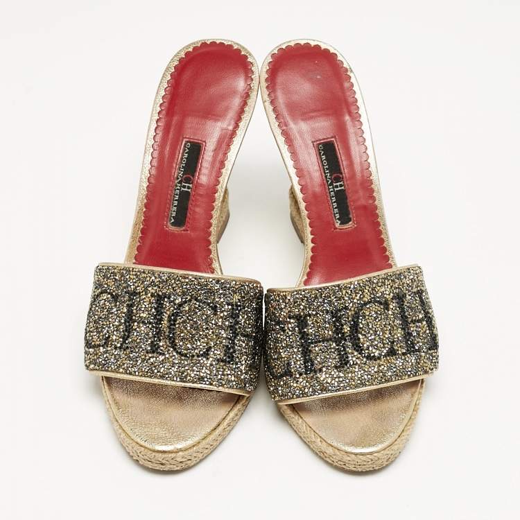 Pre Owned Carolina Herrera Gold Glitter and Leather Logo Wedge Sandals Size 37