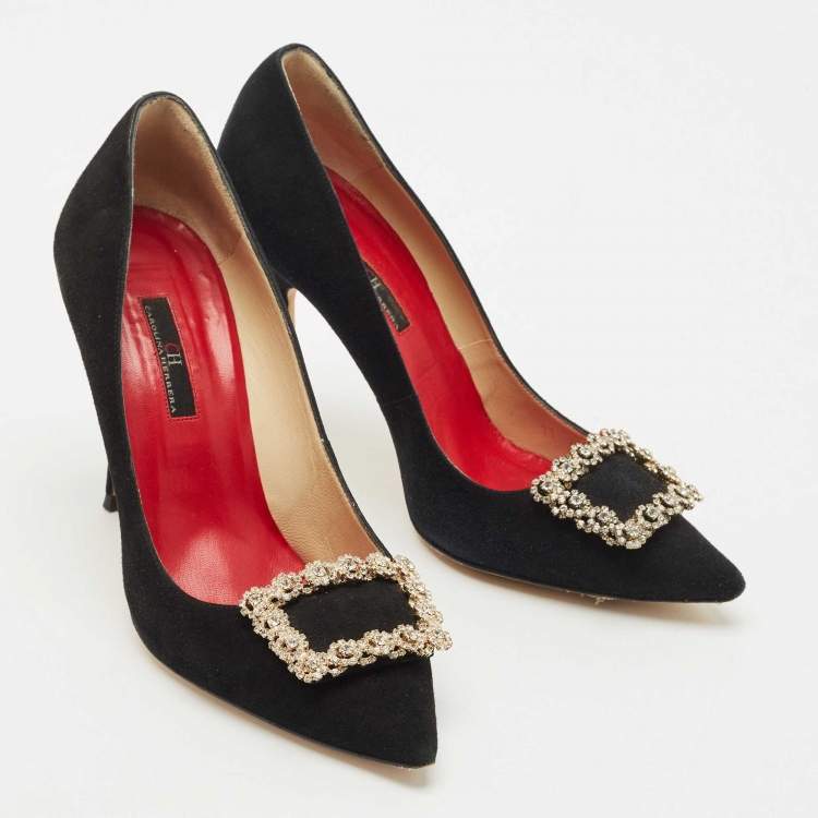 Pre Owned Carolina Herrera Black Suede Crystal Embellished Pumps Size 39