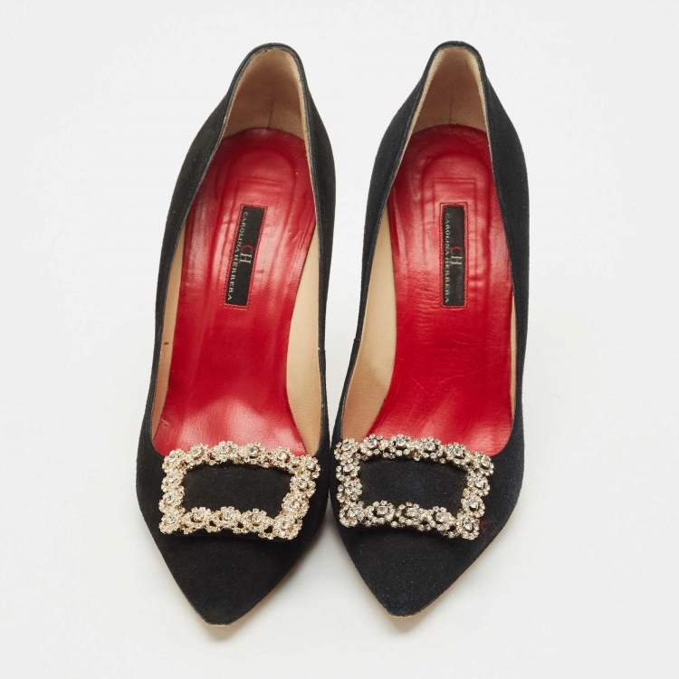 Pre Owned Carolina Herrera Black Suede Crystal Embellished Pumps Size 39
