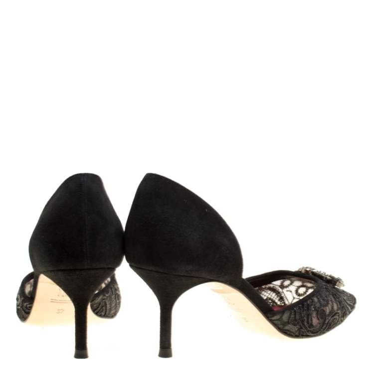 Pre Owned Carolina Herrera Black Lace Crystal Embellished D'orsay Pumps Size 37