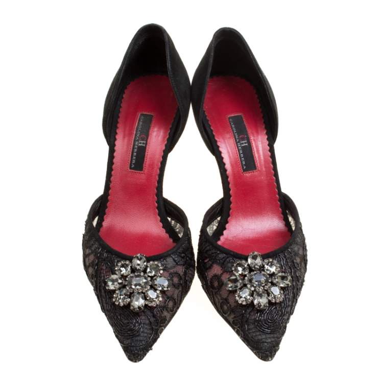 Pre Owned Carolina Herrera Black Lace Crystal Embellished D'orsay Pumps Size 37