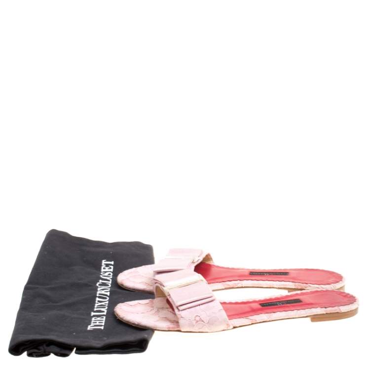 Pre Owned Carolina Herrera Pink Lace Bow Detail Flat Slides Size 39