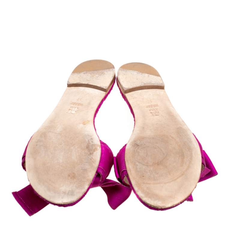 Pre Owned Carolina Herrera Fuchsia Pink Lace Bow Detail Flat Slides Size 39