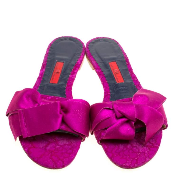 Pre Owned Carolina Herrera Fuchsia Pink Lace Bow Detail Flat Slides Size 39