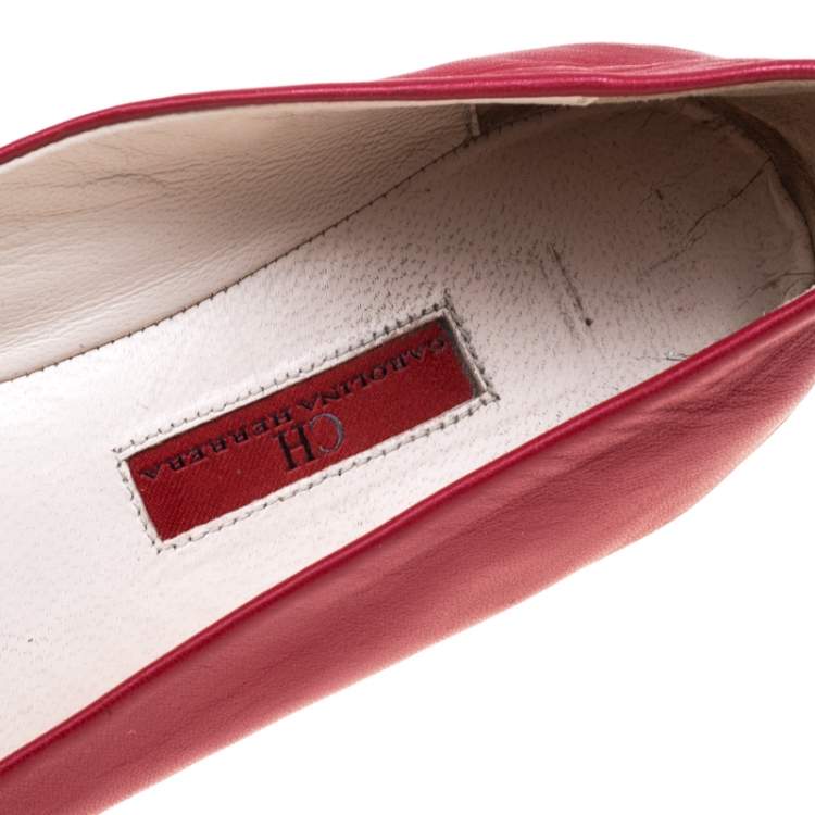 Pre Owned CH Carolina Herrera Red Leather Bow Ballet Flats Size 39