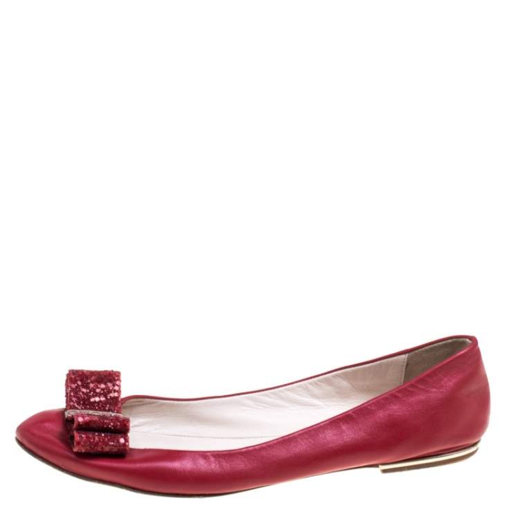 Pre Owned CH Carolina Herrera Red Leather Bow Ballet Flats Size 39